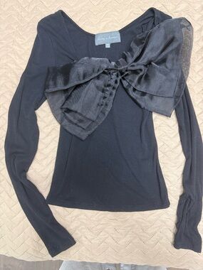 Sunday in Brooklyn Black Long-Sleeve Ribbed Top with Organza Bow